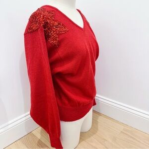 Vtg Adolfo Red Sequin Shoulder patch V Neck Sweater Sz L